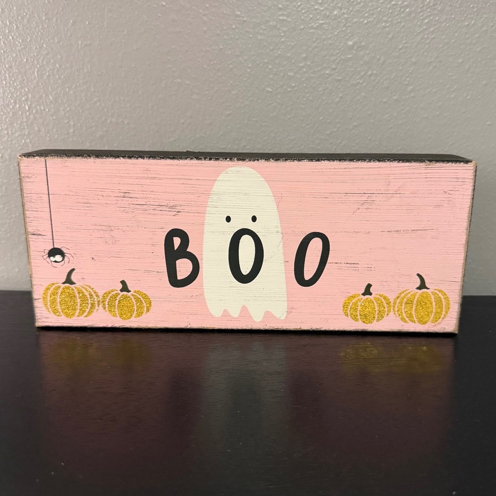 Quill to Paper Halloween Wood Sign Pink Boo Ghost Gold Glitter Pumpkins Exc
